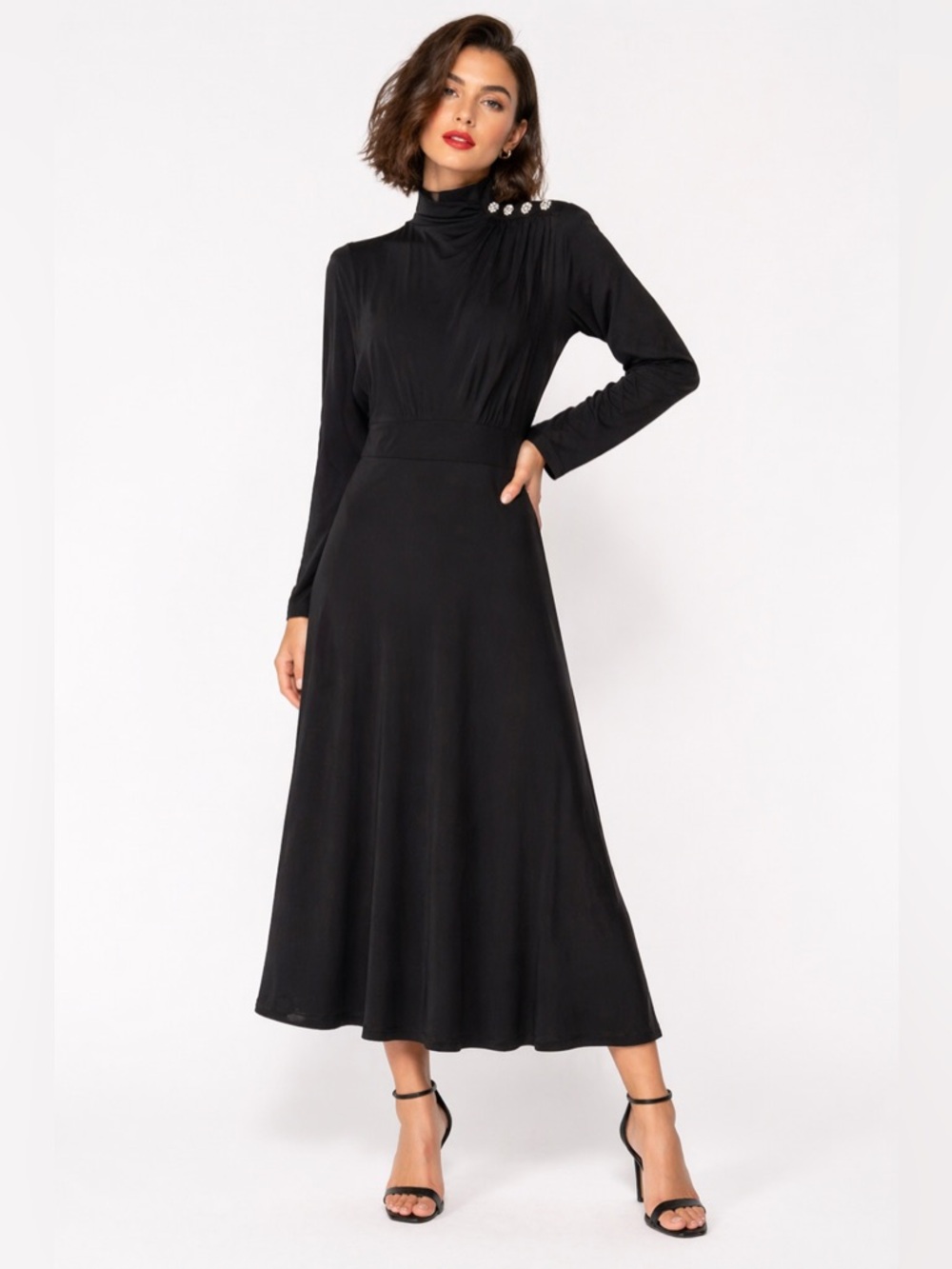 RW&CO. Black Long-Sleeve High Neck Dress with faux diamond Embellished Shoulder